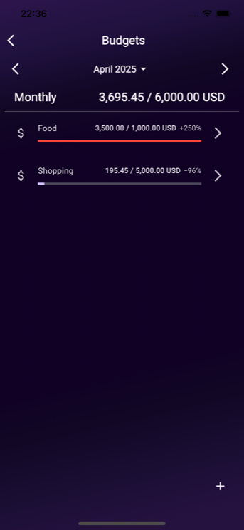 Budgets screen showing a monthly budget with per-category progress bars and over-budget warnings