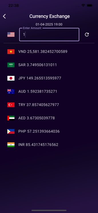 Currency exchange screen converting one US dollar into VND, SAR, JPY, AUD, TRY, AED, PHP and INR
