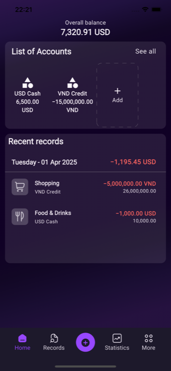 Bear Wallet home screen: overall balance of 7,320.91 USD, a list of accounts and recent records