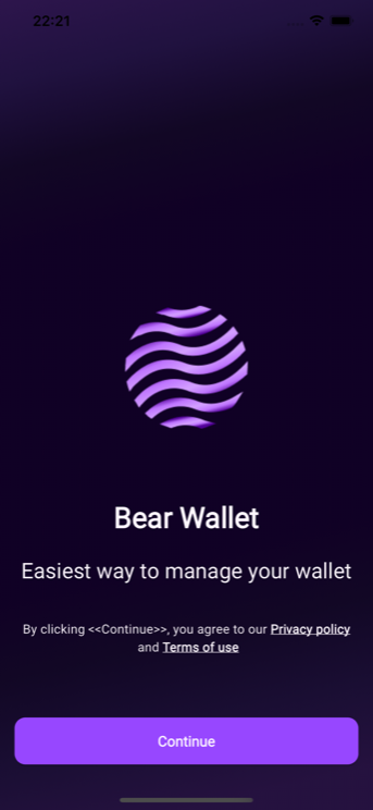 Bear Wallet welcome screen with the tagline "Easiest way to manage your wallet"