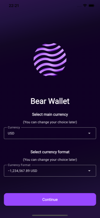 First-run setup choosing a main currency and a currency format