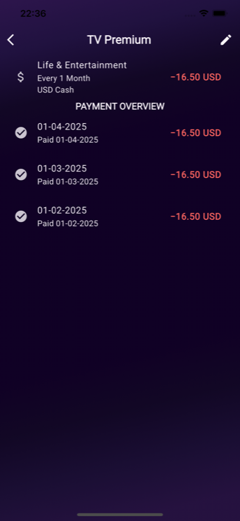 Planned payment detail for a monthly TV subscription showing the payment history of past instalments